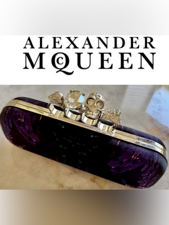 Alexander McQueen Handbags - Alexander McQueen Silver Crystal Skull Four-Finger Ring Knuckle Satin Clutch